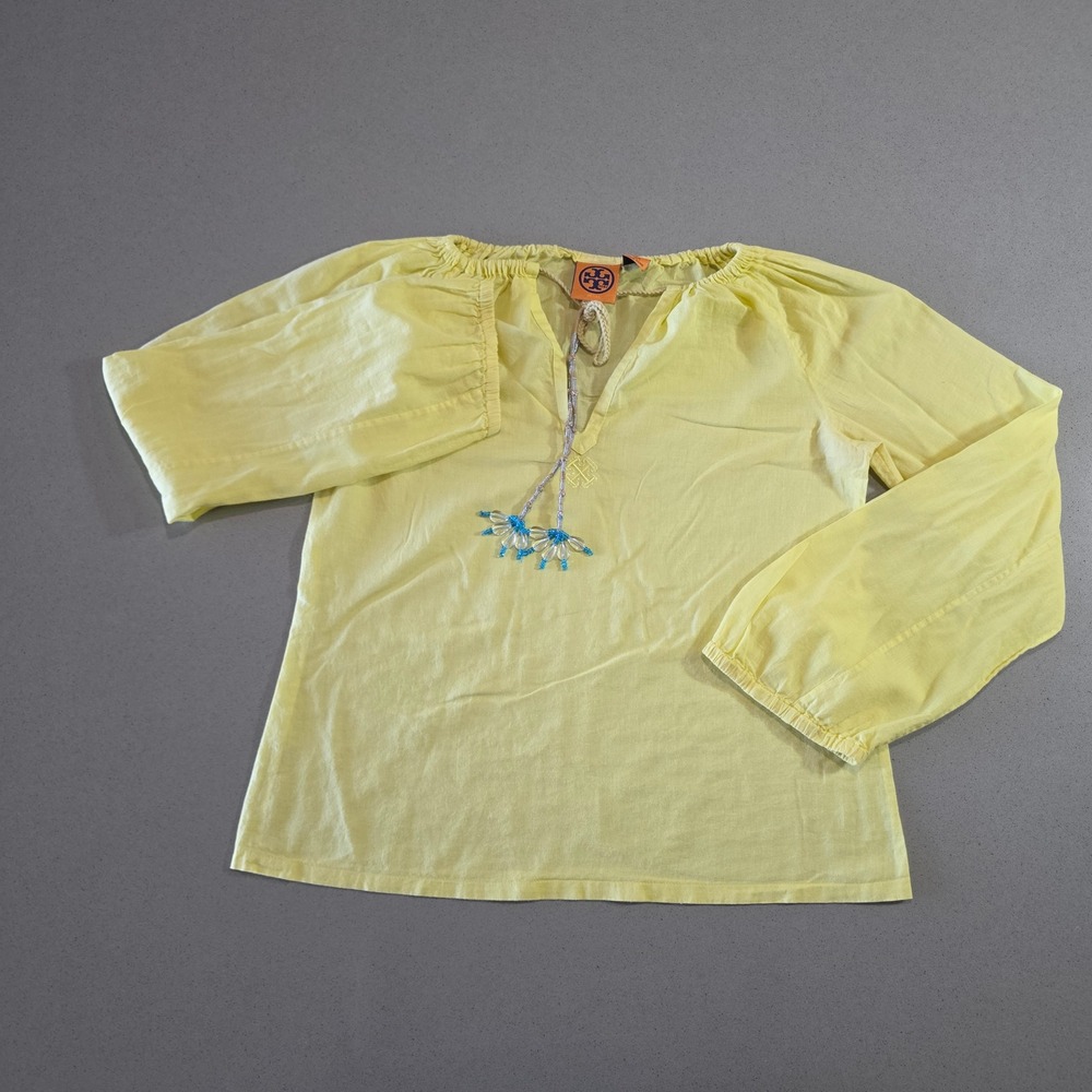 Tory Burch Yellow Beaded Tassel Peasant Blouse Size 2 Cotton Voile Top